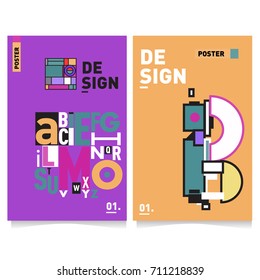 Vector covers design set with retro style. Cool geometric memphis style poster template with alphabets typography. Summer and autumn design template.