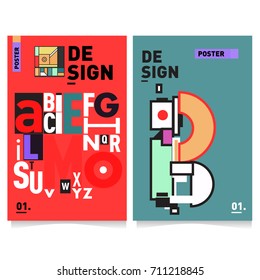 Vector covers design set with retro style. Cool geometric memphis style poster template with alphabets typography. Summer and autumn design template.