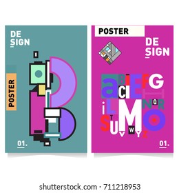 Vector covers design set with retro style. Cool geometric memphis style poster template with alphabets typography. Summer and autumn design template.