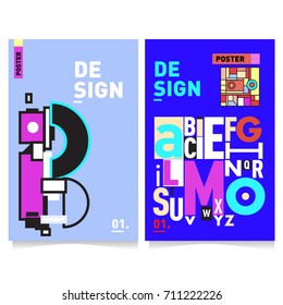 Vector covers design set with retro style. Cool geometric memphis style poster template with alphabets typography. Summer and autumn design template.