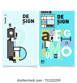 Vector covers design set with retro style. Cool geometric memphis style poster template with alphabets typography. Summer and autumn design template.