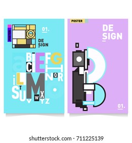 Vector covers design set with retro style. Cool geometric memphis style poster template with alphabets typography. Summer and autumn design template.