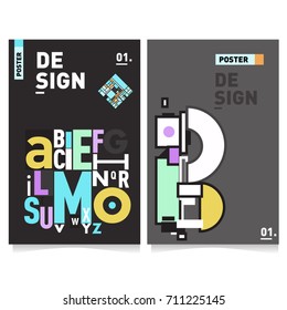 Vector covers design set with retro style. Cool geometric memphis style poster template with alphabets typography. Summer and autumn design template.