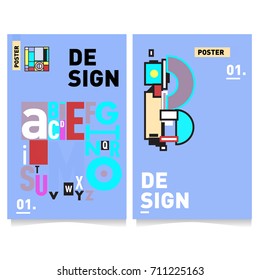 Vector covers design set with retro style. Cool geometric memphis style poster template with alphabets typography. Summer and autumn design template.