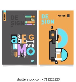 Vector covers design set with retro style. Cool geometric memphis style poster template with alphabets typography. Summer and autumn design template.