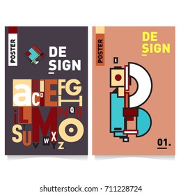 Vector covers design set with retro style. Cool geometric memphis style poster template with alphabets typography. Summer and autumn design template.
