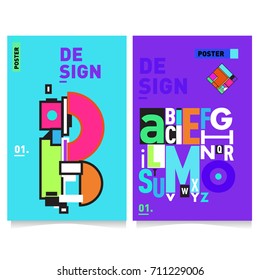 Vector covers design set with retro style. Cool geometric memphis style poster template with alphabets typography. Summer and autumn design template.