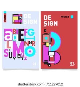 Vector covers design set with retro style. Cool geometric memphis style poster template with alphabets typography. Summer and autumn design template.