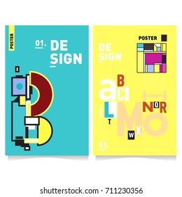 Vector covers design set with retro style. Cool geometric memphis style poster template with alphabets typography. Summer and autumn design template.