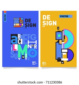 Vector covers design set with retro style. Cool geometric memphis style poster template with alphabets typography. Summer and autumn design template.
