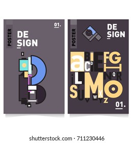 Vector covers design set with retro style. Cool geometric memphis style poster template with alphabets typography. Summer and autumn design template.