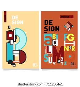 Vector covers design set with retro style. Cool geometric memphis style poster template with alphabets typography. Summer and autumn design template.