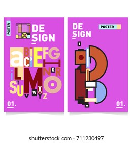 Vector covers design set with retro style. Cool geometric memphis style poster template with alphabets typography. Summer and autumn design template.