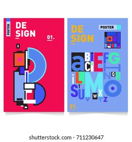 Vector covers design set with retro style. Cool geometric memphis style poster template with alphabets typography. Summer and autumn design template.