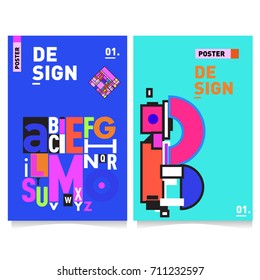 Vector covers design set with retro style. Cool geometric memphis style poster template with alphabets typography. Summer and autumn design template.