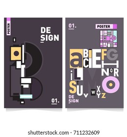 Vector covers design set with retro style. Cool geometric memphis style poster template with alphabets typography. Summer and autumn design template.