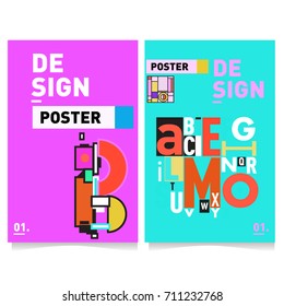 Vector covers design set with retro style. Cool geometric memphis style poster template with alphabets typography. Summer and autumn design template.