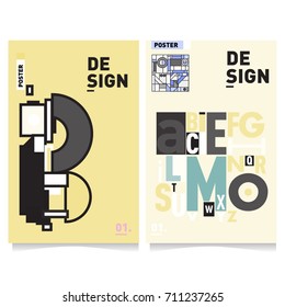 Vector covers design set with retro style. Cool geometric memphis style poster template with alphabets typography. Summer and autumn design template.