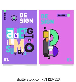 Vector covers design set with retro style. Cool geometric memphis style poster template with alphabets typography. Summer and autumn design template.