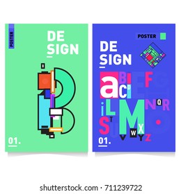 Vector covers design set with retro style. Cool geometric memphis style poster template with alphabets typography. Summer and autumn design template.