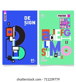 Vector covers design set with retro style. Cool geometric memphis style poster template with alphabets typography. Summer and autumn design template.