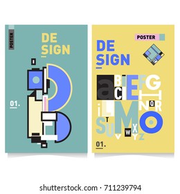 Vector covers design set with retro style. Cool geometric memphis style poster template with alphabets typography. Summer and autumn design template.