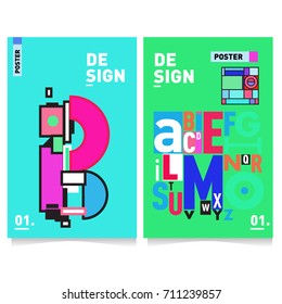Vector covers design set with retro style. Cool geometric memphis style poster template with alphabets typography. Summer and autumn design template.