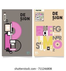 Vector covers design set with retro style. Cool geometric memphis style poster template with alphabets typography. Summer and autumn design template.