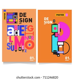 Vector covers design set with retro style. Cool geometric memphis style poster template with alphabets typography. Summer and autumn design template.