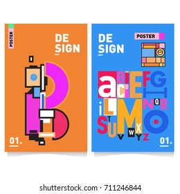 Vector covers design set with retro style. Cool geometric memphis style poster template with alphabets typography. Summer and autumn design template.