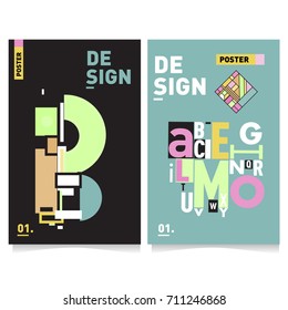Vector covers design set with retro style. Cool geometric memphis style poster template with alphabets typography. Summer and autumn design template.