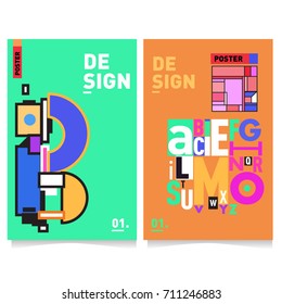 Vector covers design set with retro style. Cool geometric memphis style poster template with alphabets typography. Summer and autumn design template.