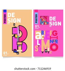 Vector covers design set with retro style. Cool geometric memphis style poster template with alphabets typography. Summer and autumn design template.
