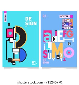 Vector covers design set with retro style. Cool geometric memphis style poster template with alphabets typography. Summer and autumn design template.