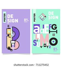 Vector covers design set with retro style. Cool geometric memphis style poster template with alphabets typography. Summer and autumn design template.