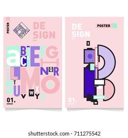 Vector covers design set with retro style. Cool geometric memphis style poster template with alphabets typography. Summer and autumn design template.