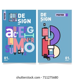 Vector covers design set with retro style. Cool geometric memphis style poster template with alphabets typography. Summer and autumn design template.