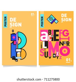 Vector covers design set with retro style. Cool geometric memphis style poster template with alphabets typography. Summer and autumn design template.