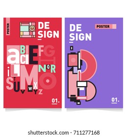 Vector covers design set with retro style. Cool geometric memphis style poster template with alphabets typography. Summer and autumn design template.