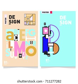 Vector covers design set with retro style. Cool geometric memphis style poster template with alphabets typography. Summer and autumn design template.