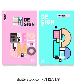 Vector covers design set with retro style. Cool geometric memphis style poster template with alphabets typography. Summer and autumn design template.