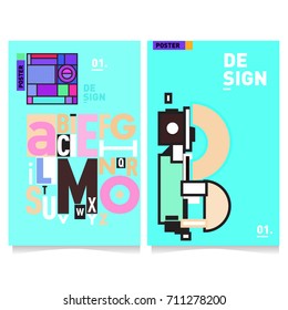 Vector covers design set with retro style. Cool geometric memphis style poster template with alphabets typography. Summer and autumn design template.