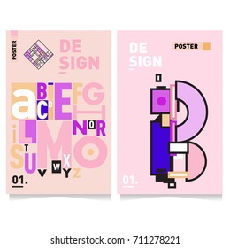 Vector covers design set with retro style. Cool geometric memphis style poster template with alphabets typography. Summer and autumn design template.