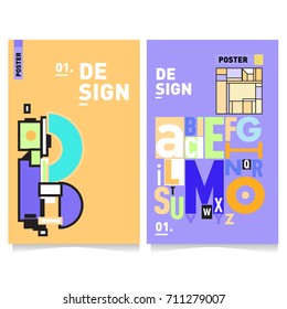 Vector covers design set with retro style. Cool geometric memphis style poster template with alphabets typography. Summer and autumn design template.