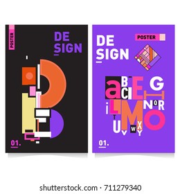 Vector covers design set with retro style. Cool geometric memphis style poster template with alphabets typography. Summer and autumn design template.