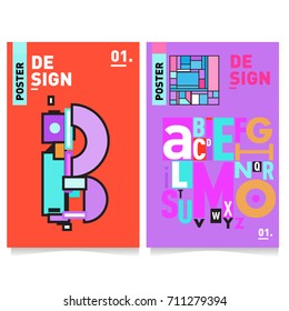 Vector covers design set with retro style. Cool geometric memphis style poster template with alphabets typography. Summer and autumn design template.