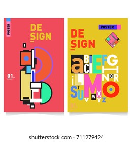 Vector covers design set with retro style. Cool geometric memphis style poster template with alphabets typography. Summer and autumn design template.