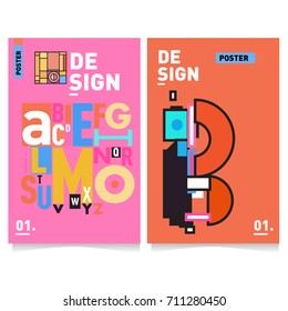 Vector covers design set with retro style. Cool geometric memphis style poster template with alphabets typography. Summer and autumn design template.