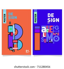 Vector covers design set with retro style. Cool geometric memphis style poster template with alphabets typography. Summer and autumn design template.