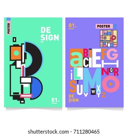 Vector covers design set with retro style. Cool geometric memphis style poster template with alphabets typography. Summer and autumn design template.